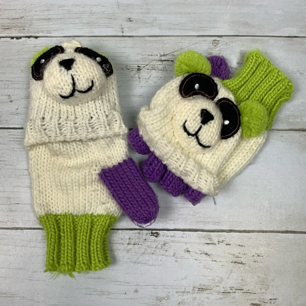 Panda Convertible Fingerless Flip Top Knit Mittens